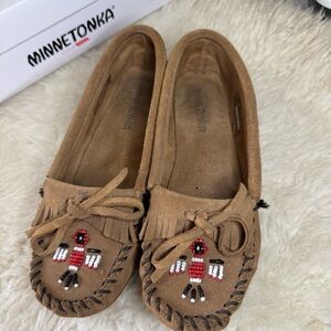Minnetonka Tan Moccasins with Beaded Bird Design